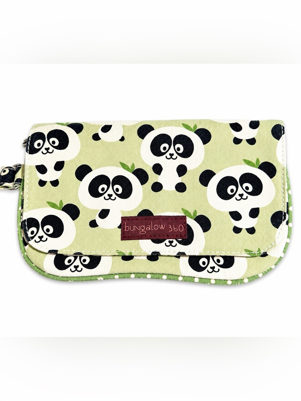 Bungalow 360 Panda Print Green Canvas Clutch Wristlet Wallet w/ Zipper 8.5x5"